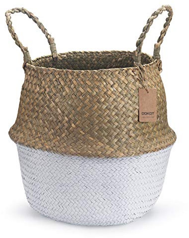 Seagrass Belly Basket Natural Woven Plant Pot Foldable with Handles for Storage Laundry Blankets Toys (Natural + White)
