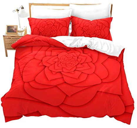 Loussiesd Rose Duvet Cover Set Double Size 3D Rose Print Bedding Set Flower Comforter Cover Floral Bedspread Cover Botanical Microfiber Bed Cover with 2 Pillow Shams Zipper Elegant 3 Pcs