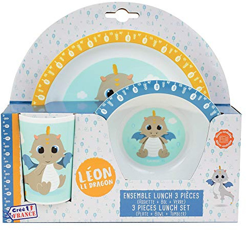 FUN HOUSE 005801 LEON LE DRAGON Kindergeschirr Set bestehend aus Teller, Schale und Glas