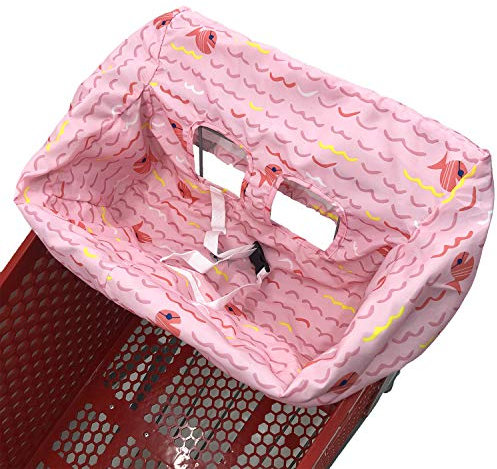 2-in-1 Baby-Einkaufswagen-Abdeckung und Hochstuhl-Sitzkissen mit Mini-Tragetasche (rosa Fisch)