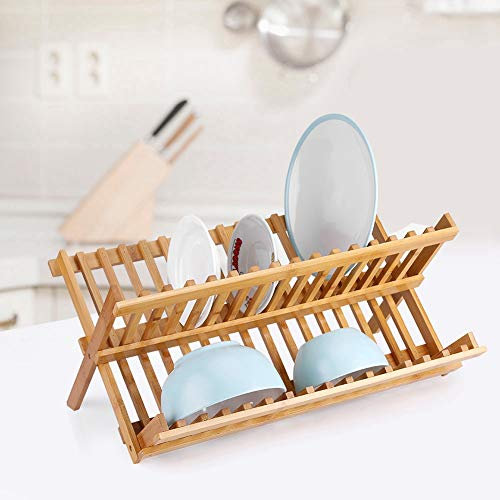 Escurreplatos de bambú de gran capacidad, plegable, escurreplatos de madera, escurreplatos de cocina plegable para secar platos y vasos, 45 x 19 x 21 cm