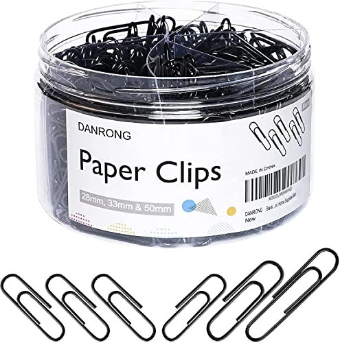 DANRONG Büroklammern, Schwarz, verschiedene Größen, klein, mittel und groß (2,8 cm, 3,3 cm und 5,1 cm), Büroklammern für Büro, Schule, Heimbedarf, Schwarz, 520 Stück
