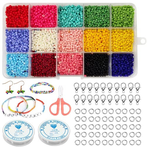 3mm cuentas de colores, Abalorios Pulseras, cuentas de cristal, Conjunto de Cuentas de Colores,Herramienta de Abalorios, bolitas para hacer pulseras (15 Colores 7500 piezas)