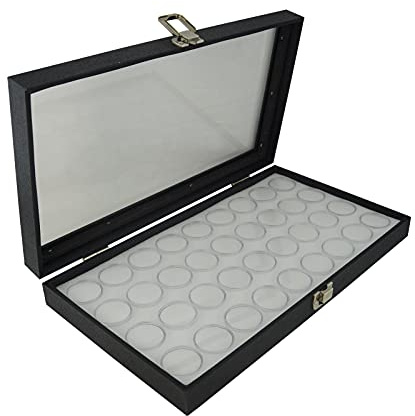 Box Displays Glass Lid Gem Stone Display Case with Choice of Foam Gem Pot Liner - Jewellery Presentation Case (Case with White 36 Pot)