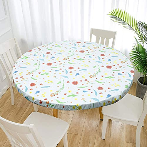 Waterproof Round Tablecloth, Elastic Edged Fitted Flannel Backed Table Cover Stain Resistant Oil-proof PVC Table Protector Cover for Dinning Room Kitchen Picnic Party (Red Flowers, 90-110cm)