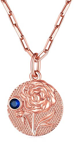 FOCALOOK Collier Femme Plaque Ronde Plaqué Or Rose avec Motif Pivoine et Pierre de Naissance Septembre - Saphir de Synthèse