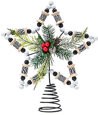 Ornativity Rattan Stern Baumspitze - Weihnachten Bauernhaus Rustikale Baumspitze mit Stechpalmen-Mistelzweig und Beeren Dekorationen