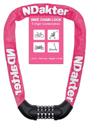 NDakter Fahrradschloss mit Zahlencode und hoher Sicherheitsstufe, (100cm*6mm) Fahrrad KettenSchloss mit 5-Stellig Zahlencode, Kette aus gehärtetem Stahl für Fahrrad Roller, rosa