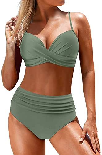 Yutdeng Swimwear Damen Zweiteiliger Badeanzug mit Bügel Crossover Bademode Push-up Bikinioberteil mit Schultergurt Wickel Hohe Taille Bikinihose Bedruckter Plissee-Bikini Set,Grün,M