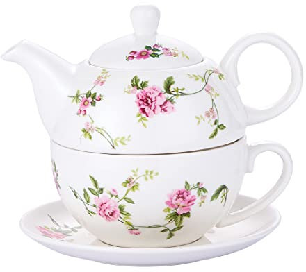 CHILDIKE Porcelain Tea for One, Floral Teapot and Cup Set, Rattan Flowers