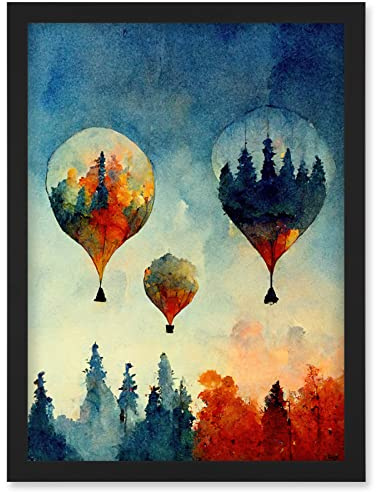 Doppelganger33 LTD Forest Reflections On Hot Air Balloons Watercolour Artwork Framed Wall Art Print A4