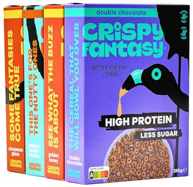 Crispy Fantasy Protein Cerealien, Verschiedene Sorten, Glutenfrei, Vegan, Wenig Zucker, Ballaststoffreich, Pflanzlich, Gesundes Frühstück für Kinder, Erwachsene, 8 g Protein pro Portion, 4 Schachteln