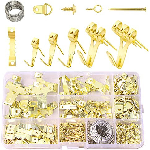 Bilderhaken Bildaufhänger Set,250 Stück Bilderhaken,Bilderhaken zum nageln, Bilderrahmen aufhänger,D Ringe, Stahl Haken & Nägel für Holzrahmen Bild Foto Malerei Hängen (golden-250pcs)