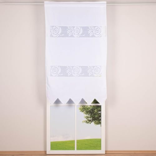SCHÖNER LEBEN. Häkelspitze Häkelgardine Seitenschal Rose mit Dreiecksabschluss mit Tunneldurchzug weiß 90x150cm