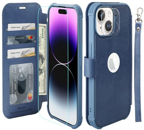 VANAVAGY Compatible with iPhone 15 Wallet Case,Rfid Flip Leather Cover with Wrist Supports Wireless Charging with Card Holder,[Glass Screen Protector and Camera Cover],Blue