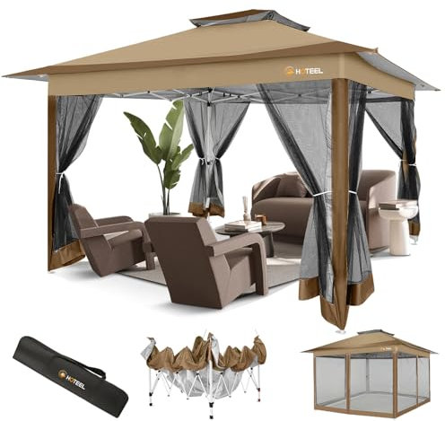 COBIZI Garten pavillon 3x3 Wasserdicht Stabil Winterfest, Pop Up Pavillon Mit Moskitonetz, 3,65x3,65m Doppeldach Faltbarer Pavillon, Faltpavillon mit Sandsack für Hinterhof,Partys,Rasen(Braun Upgrade)