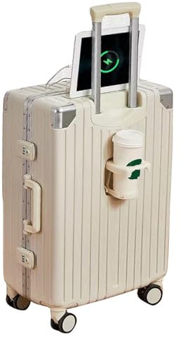 EMSUTPA Versatile Luggage, 20-inch Hook Design Luggage with Wheeled Cup Holders and USB Port Carry-on Suitcase for Leisure Travel (Shell White)