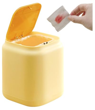 Tissting Mini Tischmülleimer mit Deckel, 1,5L 15 x 13 x 13 cm Kleine Kunststoff Tischabfalleimer Desktop Make-up Abfalleimer Mülleimer für Badezimmer, Schlafzimmer, Küche, Büro(Gelb)
