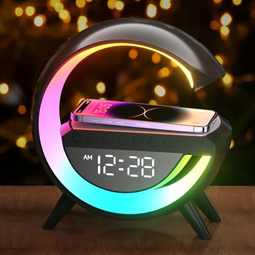 Suewidfay Atmosphärenlampe 15W Drahtloses Ladegerät Led Wecker Smart Tischlampe mit Bluetooth-Lautsprecher Dazzling Running Lights 13 Modi Lichter für Erwachsene Kinder Büro Schlafzimmer (Black)