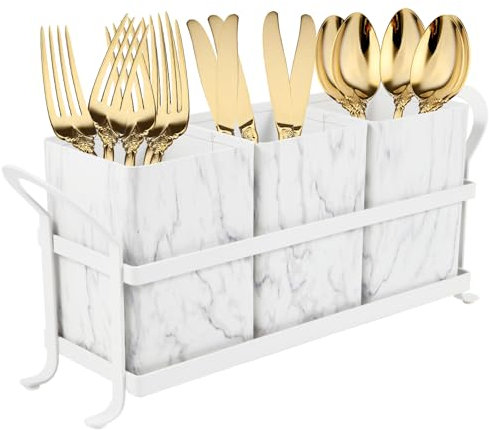 NelyBet Kitchen Utensil holder for Countertop, Silverware Caddy,Marble White Cutlery Holder Utensils Organizer for Party Gatherings, Metal and Durable Design