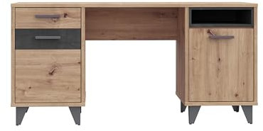 Forte Raven Schreibtisch 150, Moderner Schreibtisch mit 1 Schublade, 2 Türen, Home Office, Computertisch, Holzwerkstoff, Betonoptik Dunkelgrau/Artisan Eiche, 150 cm breit x 74 cm hoch x 60 cm tief