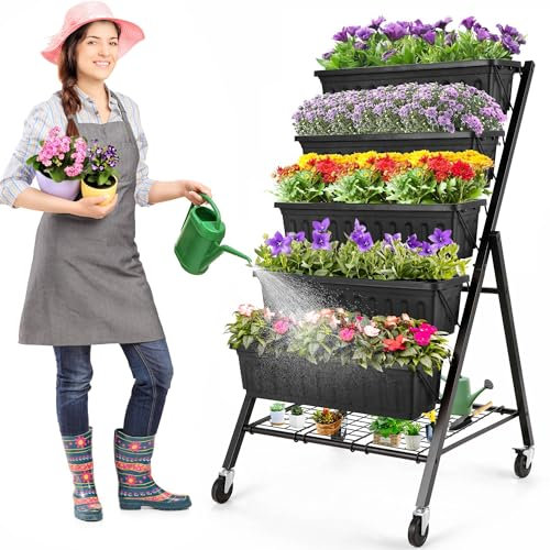 Homdox Vertikales Gartenbeet, 122 cm, 5 Ebenen, vertikaler Hochbeet, 65,6 x 66 x 122 cm, Garten-Hochbeet mit 4 Haken und 4 Rädern, Gemüseblumen-Übertopf, erhöhter Ständer, Schwarz mit