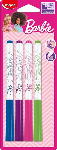 Maped – 4 Marqueurs fins effaçables Marker’Peps - Feutres fins effaçables à sec Barbie- Ardoises et Tableaux Blancs - 4 couleurs : Bleu, Vert, Rose et Violet
