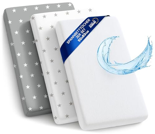 Spannbetttücher Kinderwagen 3er Set mit Gummizug Matratzenschoner | wasserdichter Schoner 50x83 cm 2x Spannbettlaken für Beistellbett Stubenwagen Babybett Kinderbett Baby Zubehör Sterne grau