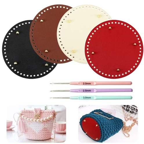 Vueinrg 7 Stück Taschenboden zum Häkeln Leder,20x20cm Kunstleder Tasche Häkeln Mit Löchern,Boden häkeltasche Mit 3 Größe häkeln(2,2.5,3mm) für Strickbeutel, Umhängetaschen, Handgefertigte DIY Tasche