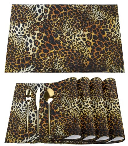 Leopard Print Placemats Fabric Table Mats Set of 6 Skin Leopard Placemat for Kitchen Dining Table Home Washable Non-Slip Heat Place Mat