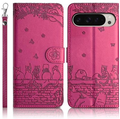 Succtopy Cover per Google Pixel 9 Pro XL 5G Flip Caso in PU Pelle Premium Portafoglio Custodia [Protezione Completa] [Slot Scheda] [Kickstand] Rosa Rossa