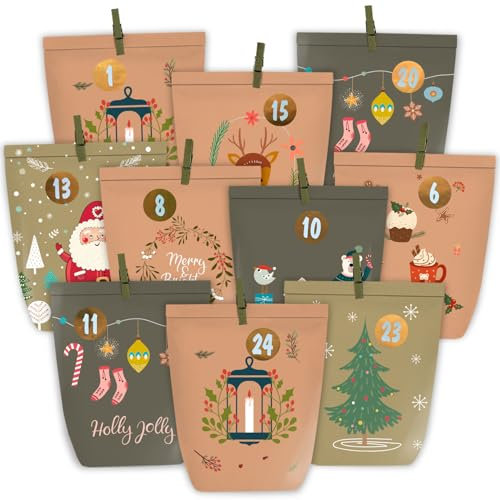 PANSIBY Adventskalender zum Befüllen, 24 Weihnachtskalender Papiertüten zum Selber Basteln, Advents Tüten mit 1-24 Aufkleberzahlen zum Selbst Füllen