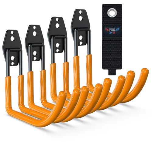 3-H Ganchos de Garaje Resistentes en J, Paquete de 4 Ganchos de Almacenamiento de Garaje de Acero, Soporte de Pared y Organizador de Herramientas, Cuerdas, Cables(naranja)