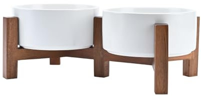 SPUNKYJUNKY Hundenapf Keramik Doppel Hund Futternapf Erhöhte Napf mit Akazienholz Ständer für Katzen und Hunde(850ml, Weiß)