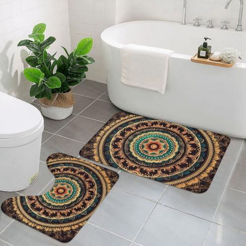 Badezimmerteppich-Set, 2-teilig, Badematte, weich, saugfähig, Mikrofaser, U-förmiger WC-Vorleger, rutschfester Badteppich, Mandala-Bodenmatten für Badezimmer
