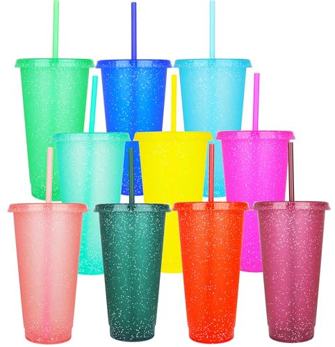 Yisituo 24 oz Reusable Plastic Cups, 10 Pack Cold Cups with Lid and Straw, Tumblers Travel Mugs for Adults and Kids Party and Beach, Pool Gatherings (10, Rainbow)