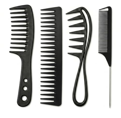 GVSS 4 Stück Haarkamm, gelockt, schwarz, Kamm, breite Zähne, Afro-Kamm für alle Haartypen, antistatische Herrenhaarbürste für Damen