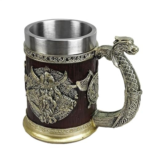 dzqad Beer Mug, Medieval Norse Mugs, Coffee Cool Mug, Whiskey Barrel Cup,Large Capacity Stainless Steel Liner Mug Resin Process Ornaments for Beer Coffee, Present for Men Father's Day Birthday