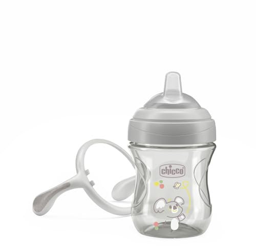 Chicco Transition Cup Coupe anti-goutte pour bébé 200ml, 1 tasse à biberon 4 mois et plus pour apprendre à boire, avec bec ergonomique en silicone, double valve anti-antiolique, sans BPA - Gris
