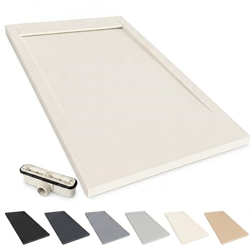 NEBADOON Plato de Ducha Resina Venecia Antideslizante 90x180 Crema Claro | Antibacteriano, textura pizarra cálida al tacto, válvula 60 l/min incluida, corte a medida, fabricado en España