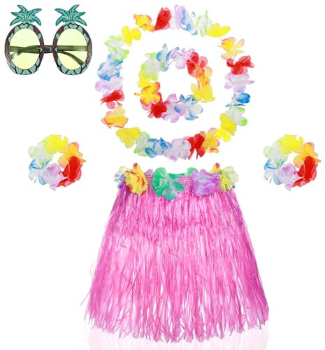 6 Stück Hawaii Mottoparty Kostüme Set,Hawaii Hula Rock,Hawaiianischer Hula Grasrock mit Halskette Armbänder Haarblume,Ananas-Sonnenbrille,Hawaiianische Verkleidung Tropische Party Dekorationen