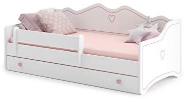 KOBI Lit d'enfant Emma Blanc | tiroir, Barre, Cadre de Matelas Inclus | Rose, Gris | pour Chambre d'enfant | lit de Fille (Rose, 140x70)