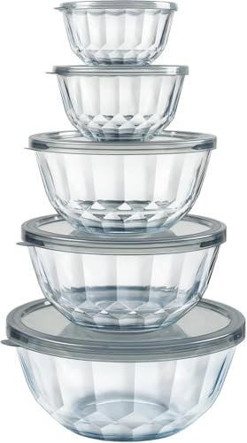 Luvan Juego de 5 Tazones de Vidrio con Tapas (0,8L/ 1,05L/ 1,6L/ 2,7L/4,45L),Ensaladeras de Vidrio Resistentes al Calor, Apilables y Ahorra-Espacio, Aptas para Microondas y Lavavajillas