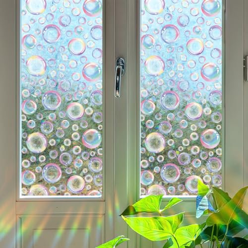 Runtoo Sichtschutzfolie für Fenster, Regenbogenblasen, Boho, 3D, dekorativ, Vinyl, Buntglas, bunte Punkte, Aufkleber, statischer Aufkleber, nicht klebend, 40 x 101,6 cm