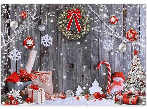 Luminora 2,1 x 1,5 m Weihnachten im Winter, Grauer Holz-Wandhintergrund, Feiertags-Schneemann, Weihnachtsmann, Schneeflocke, Hintergrund, Geburtstags-Babyparty-Dekoration, Party-Fotobanner