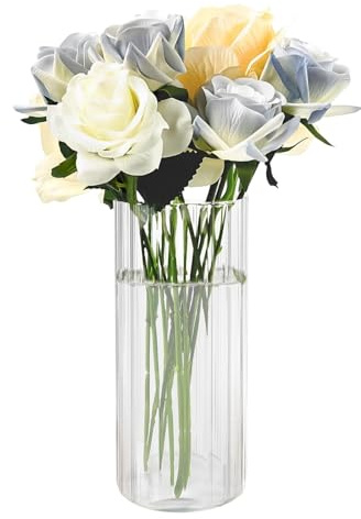 Liwein Pequeños jarrones decorativos para decoración de mesa, jarrón moderno de cristal, jarrón de tulipanes, jarrón de cristal redondo, grande, jarrón de tulipanes, hierba de Pampas, orquídeas, rosas