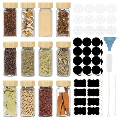 GLOSKIN Ensemble de pot epices verre, pot a epices en verre et bois avec couvercles en bambou, 12 pot a epices de 120 ml avec couvercles diffuseurs, étiquettes imperméables, entonnoir