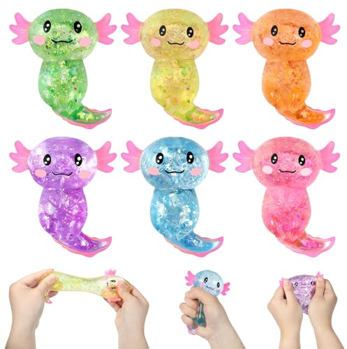 6 Stück Axolotl Stress Spielzeug - Axolotl Spielzeug Quetschball in 6 Farben mit Glitter, Weiche Squeeze Toy Entspannung für Kinder Erwachsene, Squishy Sensorisches Fidget Spielzeug