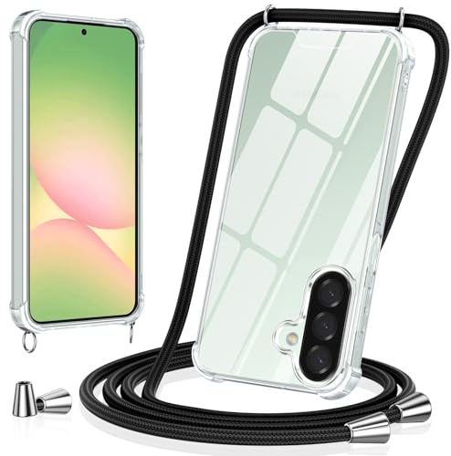 Vauki Funda con Cuerda para Samsung Galaxy A57, Carcasa Transparente PC+TPU Suave Silicona Correa Colgante Ajustable Collar, Protección Case con Cordón para Samsung Galaxy A57, Negro