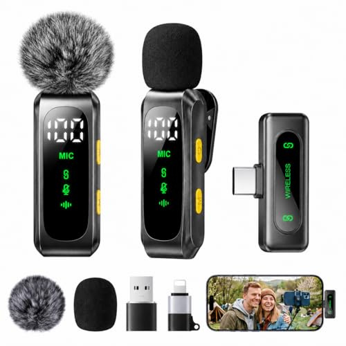 Handy-Mikrofon Mini für iPhone Android und PC - Plug & Play Mini Mikrofon mit Windschutz, Lavalier Mikrofon Wireless mit Batterieanzeige und Geräuschunterdrückung, ideal für YouTube, TikTok, Interview